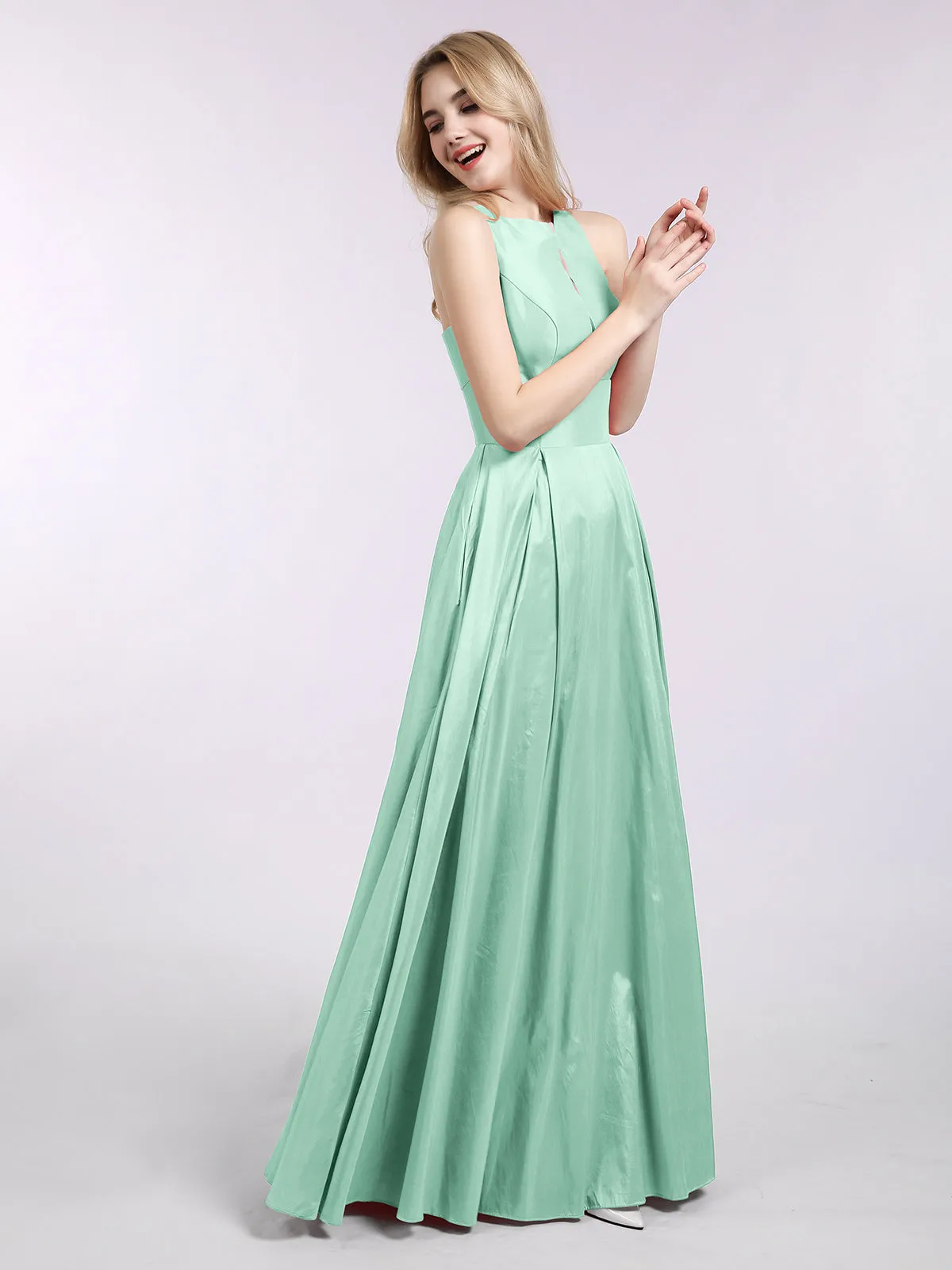 A-ligne Taffeta Robe Longue avec Poches Vert Menthe Grande Taille