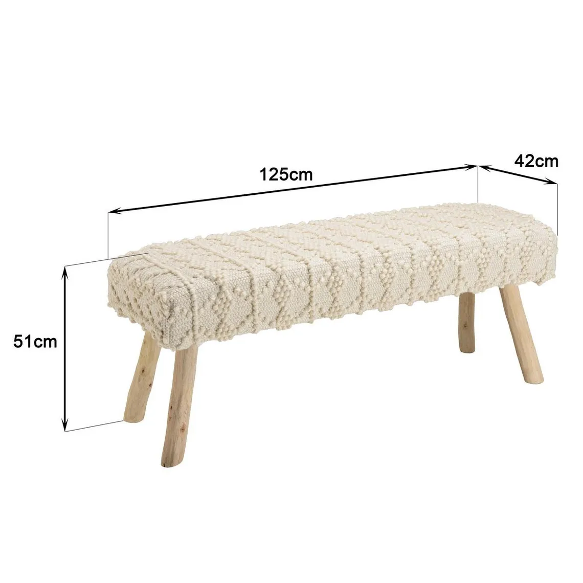 Banc 120x40cm laine motifs losanges couleur ivoire pieds bois SACHA | 3 Suisses