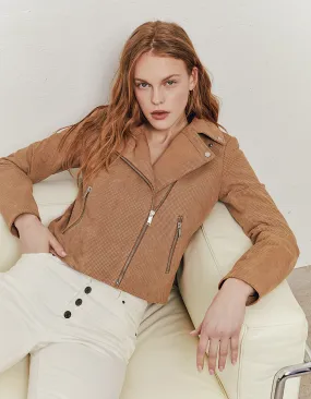 Blouson court beige en velours de chèvre perforé femme