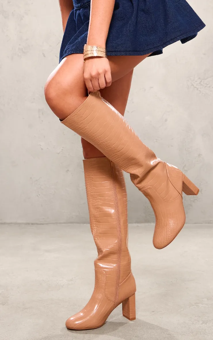 Bottes en PU nude à bout rond et talon carré haut