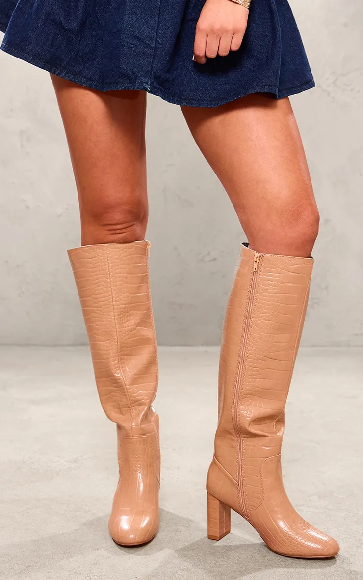 Bottes en PU nude à bout rond et talon carré haut