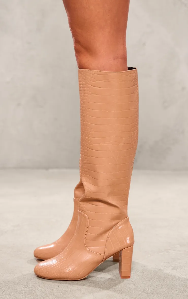 Bottes en PU nude à bout rond et talon carré haut