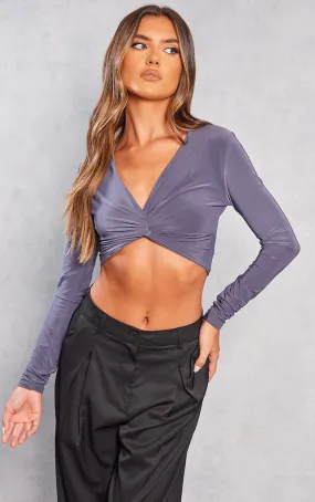 Crop top moulant gris anthracite torsadé devant à manches longues