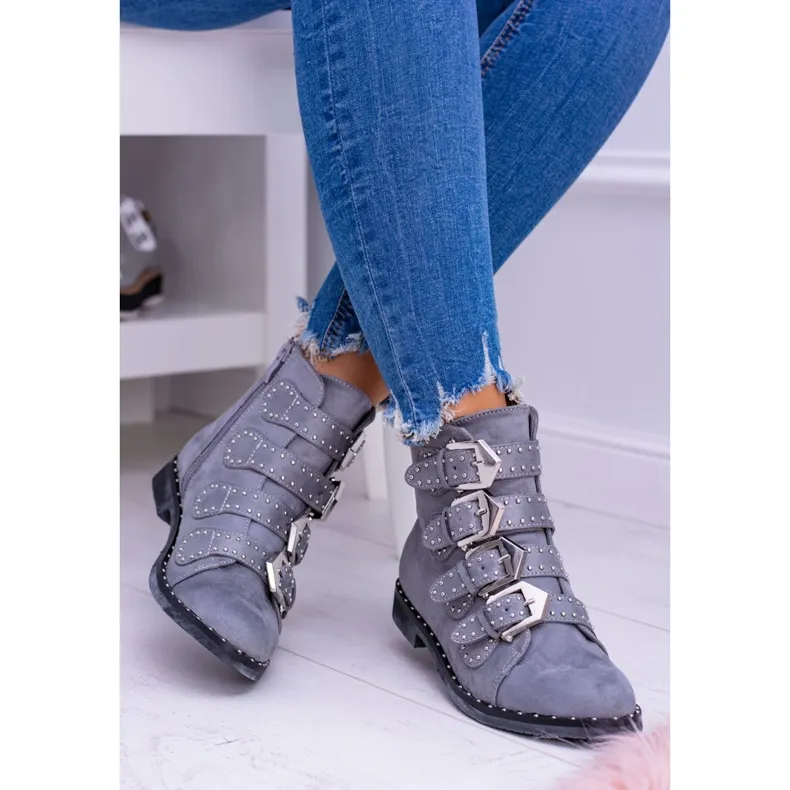 Lu Boo Bottes gris foncé Virginia Rock Star Rivets Boucles Daim