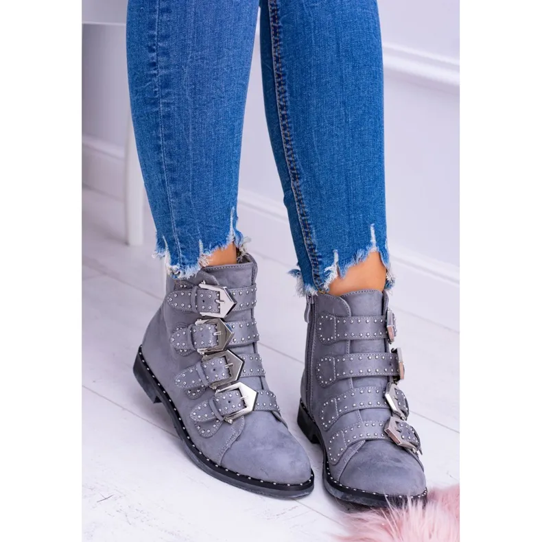 Lu Boo Bottes gris foncé Virginia Rock Star Rivets Boucles Daim