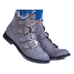 Lu Boo Bottes gris foncé Virginia Rock Star Rivets Boucles Daim