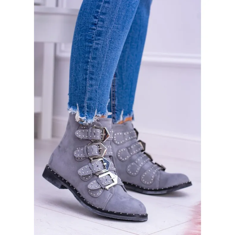 Lu Boo Bottes gris foncé Virginia Rock Star Rivets Boucles Daim