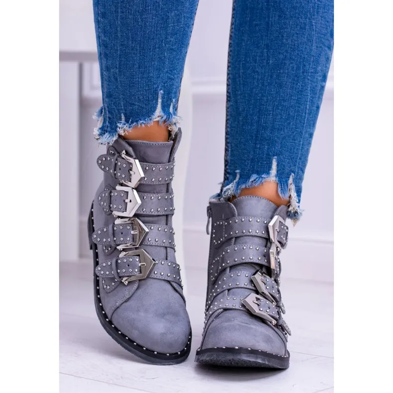 Lu Boo Bottes gris foncé Virginia Rock Star Rivets Boucles Daim