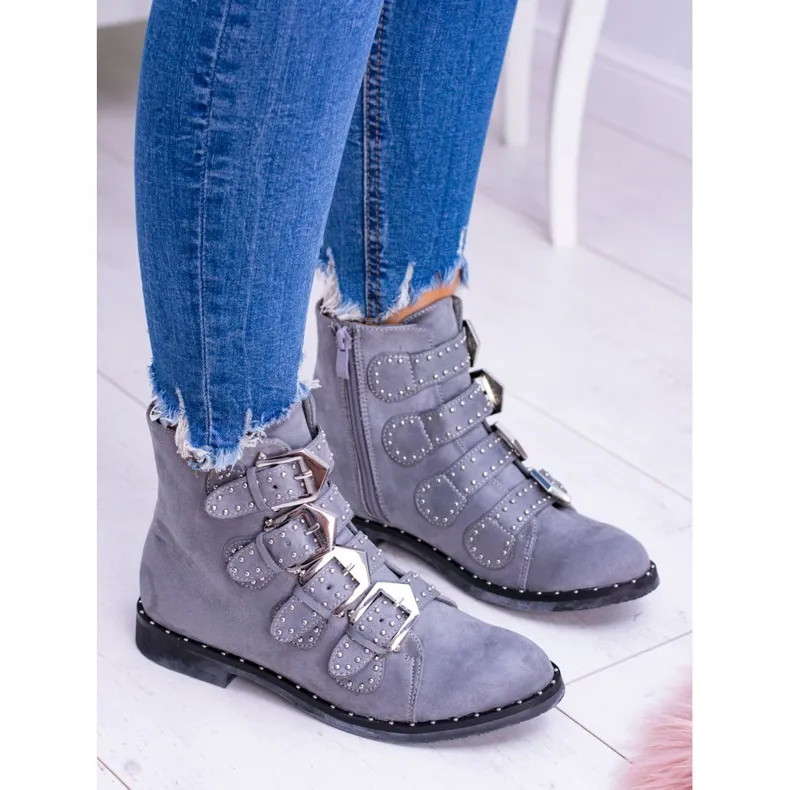 Lu Boo Bottes gris foncé Virginia Rock Star Rivets Boucles Daim