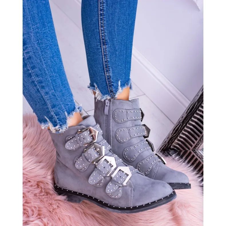 Lu Boo Bottes gris foncé Virginia Rock Star Rivets Boucles Daim