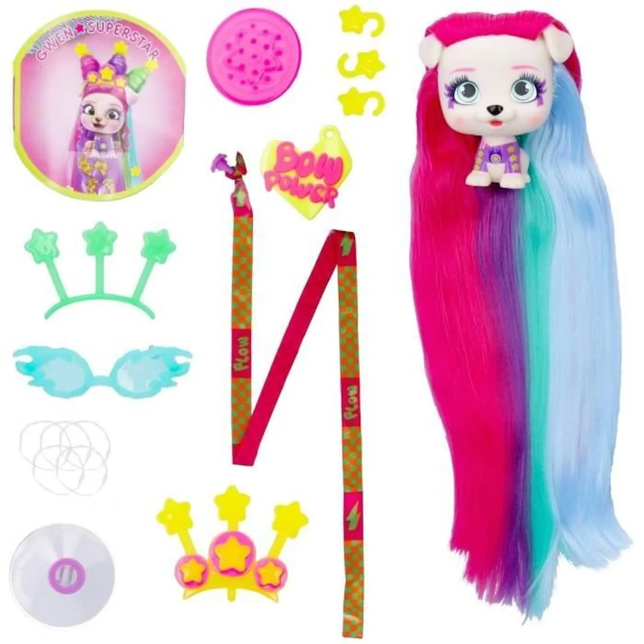 Mini poupée VIP Pets IMC TOYS - Bow Power - Gwen - Cheveux extra longs - Accessoires colorés rose - Imc Toys