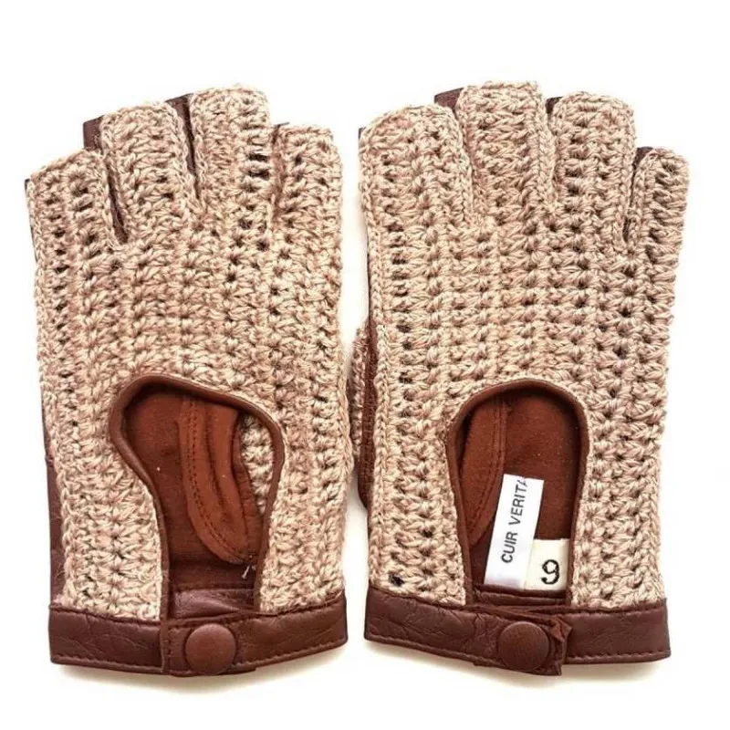 Mitaines femme cuir d'agneau et crochet laine - Achat mitaines femmes