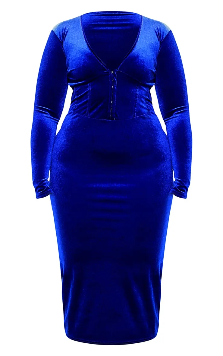 Plus Robe mi-longue en velours bleu vif décolletée à corset