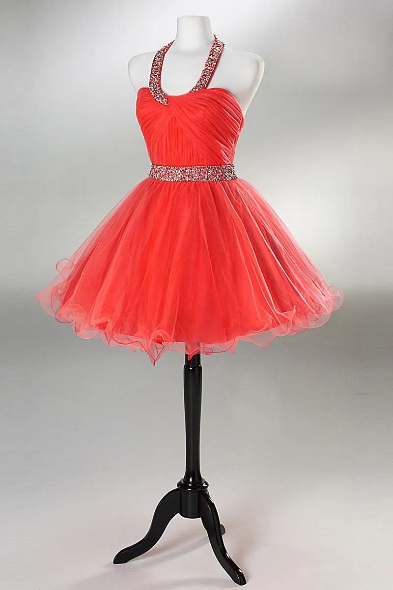 Robe de bal / cocktail courte à jupe bouffante avec bretelle tour de cou en tulle bleu