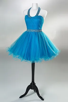 Robe de bal / cocktail courte à jupe bouffante avec bretelle tour de cou en tulle bleu