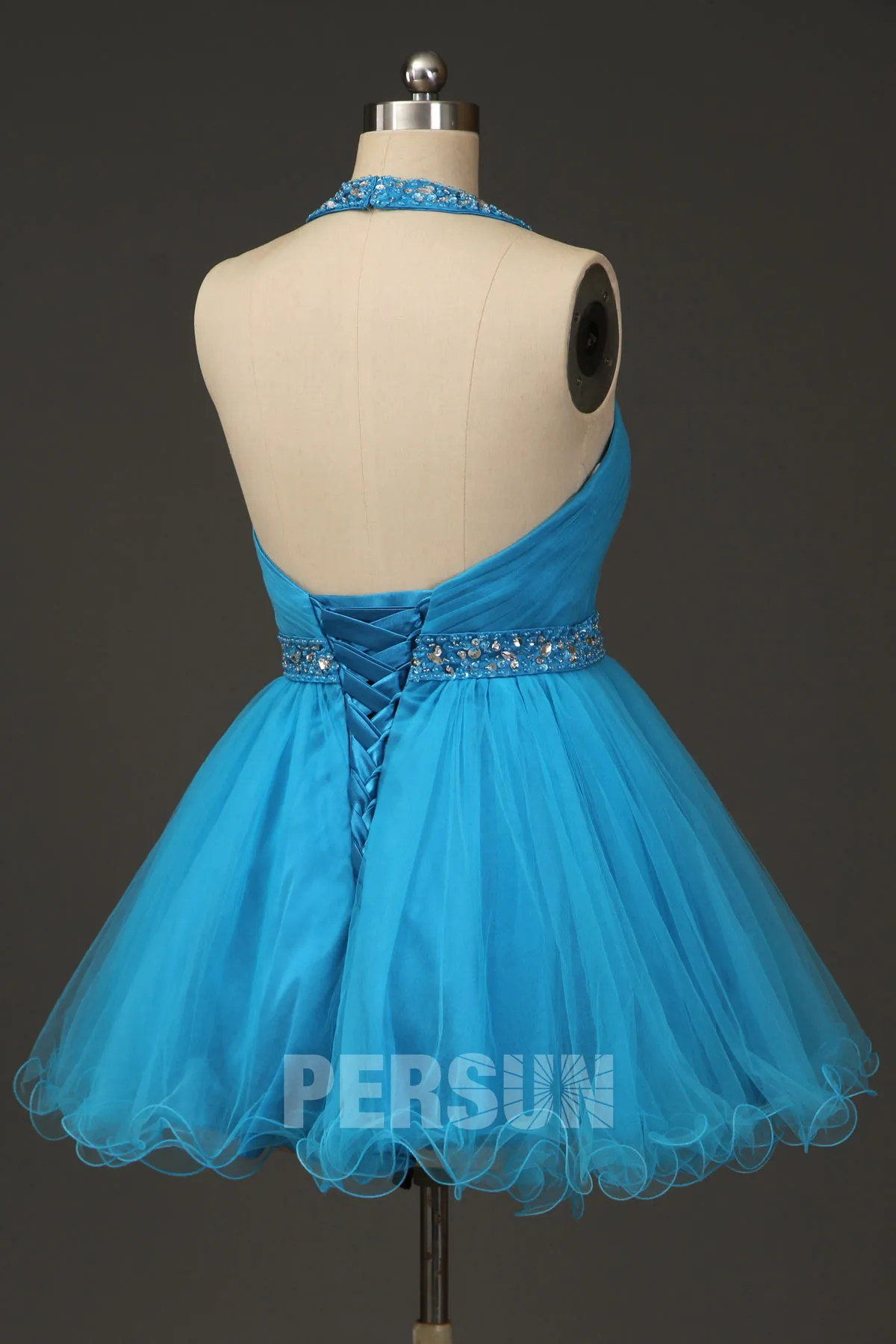 Robe de bal / cocktail courte à jupe bouffante avec bretelle tour de cou en tulle bleu