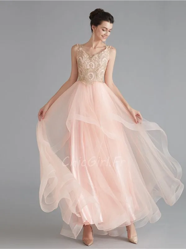 Robe De Bal De Finissant Longue Fluide Rose Poudrée Tulle A Volant