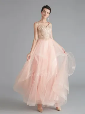 Robe De Bal De Finissant Longue Fluide Rose Poudrée Tulle A Volant