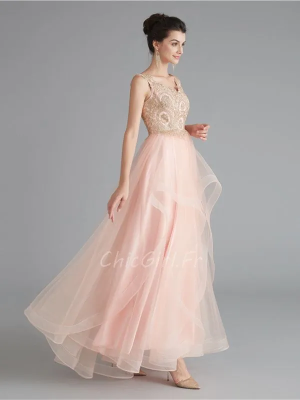 Robe De Bal De Finissant Longue Fluide Rose Poudrée Tulle A Volant