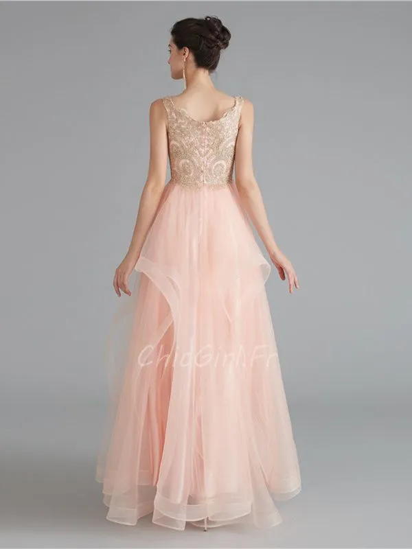 Robe De Bal De Finissant Longue Fluide Rose Poudrée Tulle A Volant