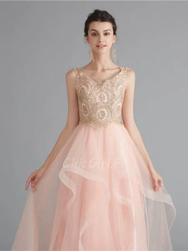 Robe De Bal De Finissant Longue Fluide Rose Poudrée Tulle A Volant