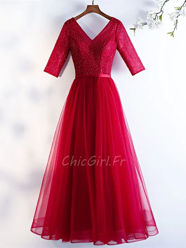 Robe De Bal De Finissants Manche 3 4 Longue Rouge Tulle Paillette Col V