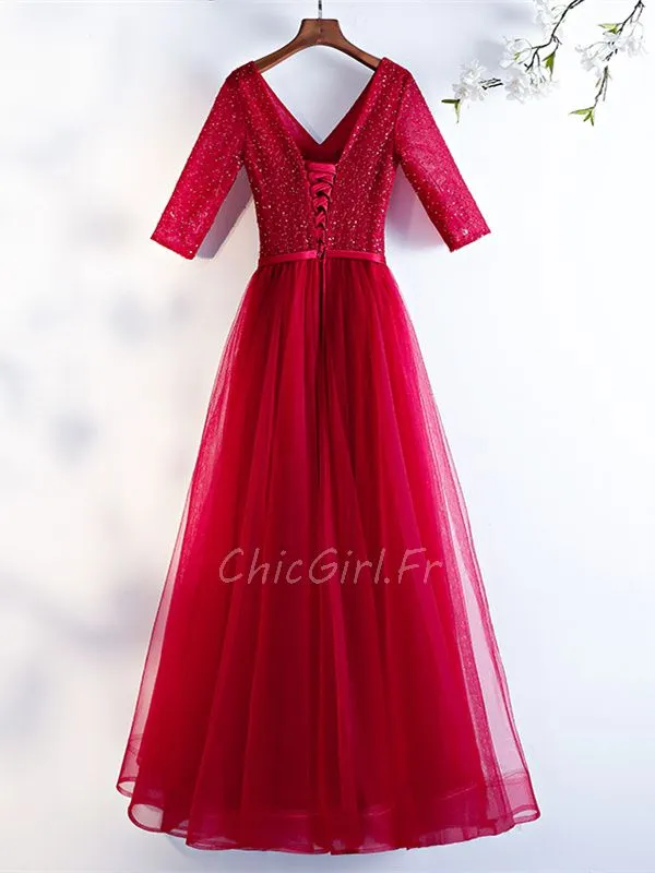 Robe De Bal De Finissants Manche 3 4 Longue Rouge Tulle Paillette Col V