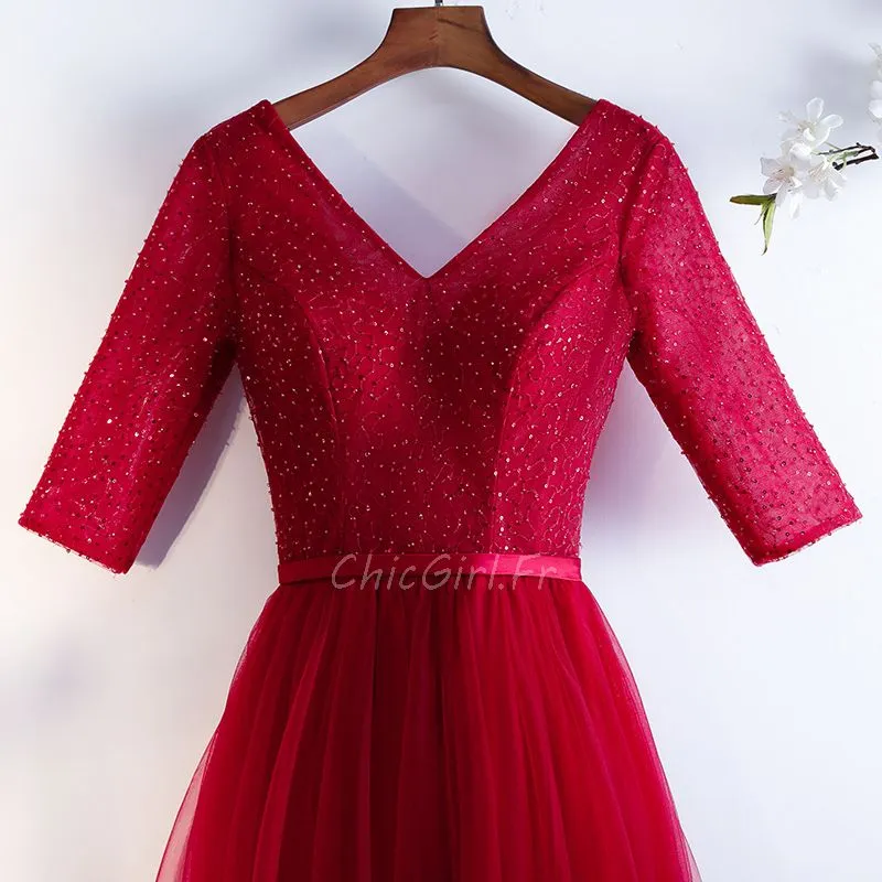 Robe De Bal De Finissants Manche 3 4 Longue Rouge Tulle Paillette Col V