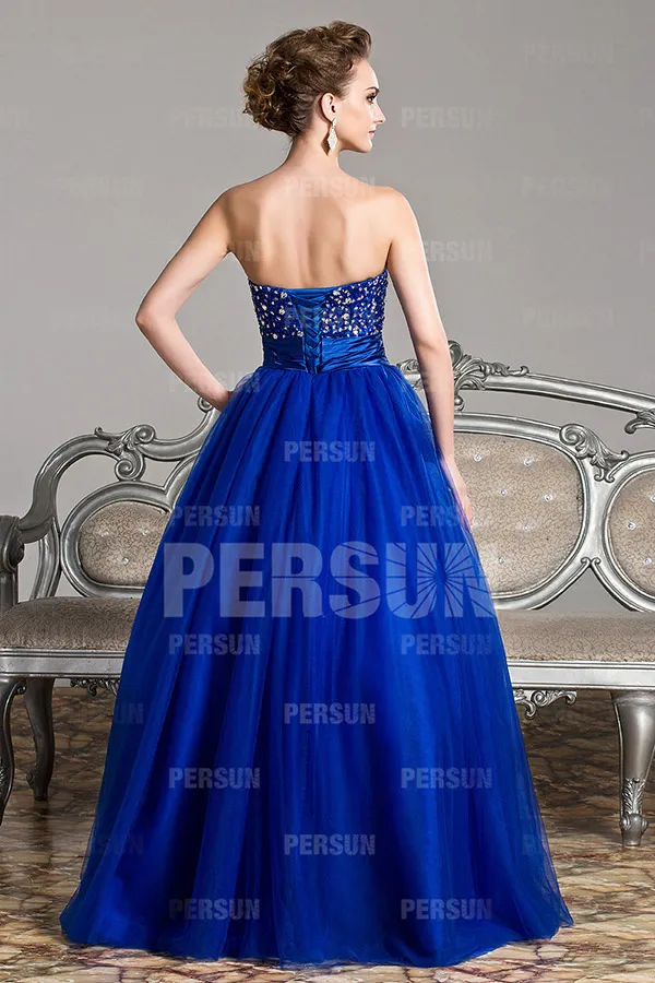 Robe de bal princesse bustier cœur en tulle bleu roi