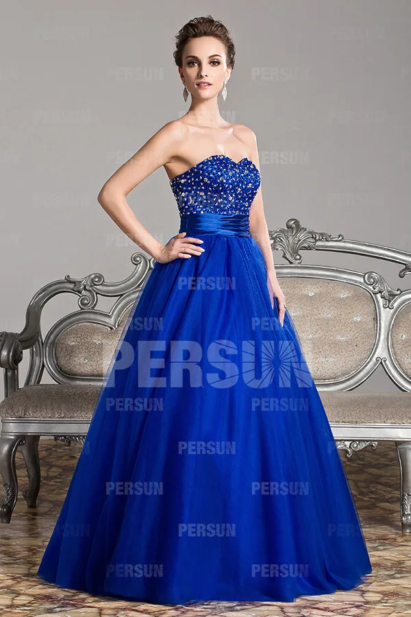 Robe de bal princesse bustier cœur en tulle bleu roi