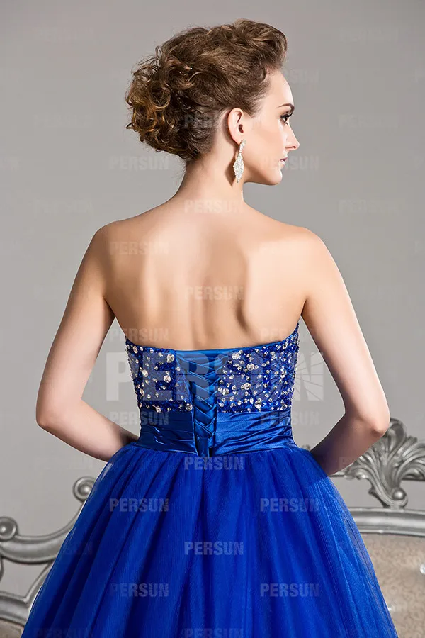 Robe de bal princesse bustier cœur en tulle bleu roi