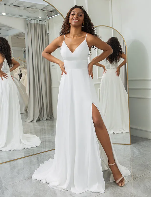 Robe de mariée A-ligne en dentelle avec décolleté en V et dos nu