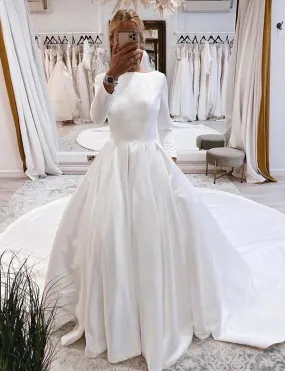 Robe de mariée blanche Vintage Bateau Longue A-Line avec Manches