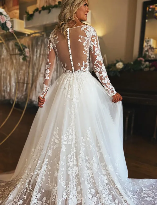 Robe de mariée ivoire à col en V et manches longues en tulle et dentelle