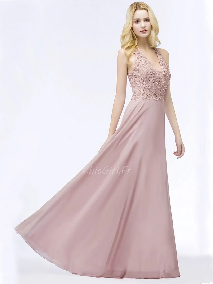 Robe De Soirée Bal De Finissants Longue Fluide Vieux Rose Mousseline Dentelle Perle