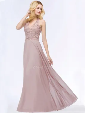 Robe De Soirée Bal De Finissants Longue Fluide Vieux Rose Mousseline Dentelle Perle