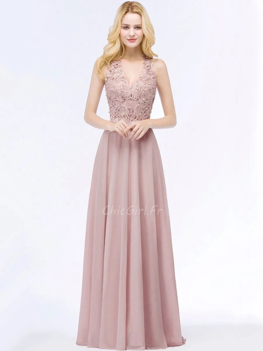 Robe De Soirée Bal De Finissants Longue Fluide Vieux Rose Mousseline Dentelle Perle