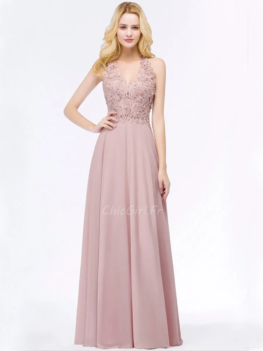 Robe De Soirée Bal De Finissants Longue Fluide Vieux Rose Mousseline Dentelle Perle