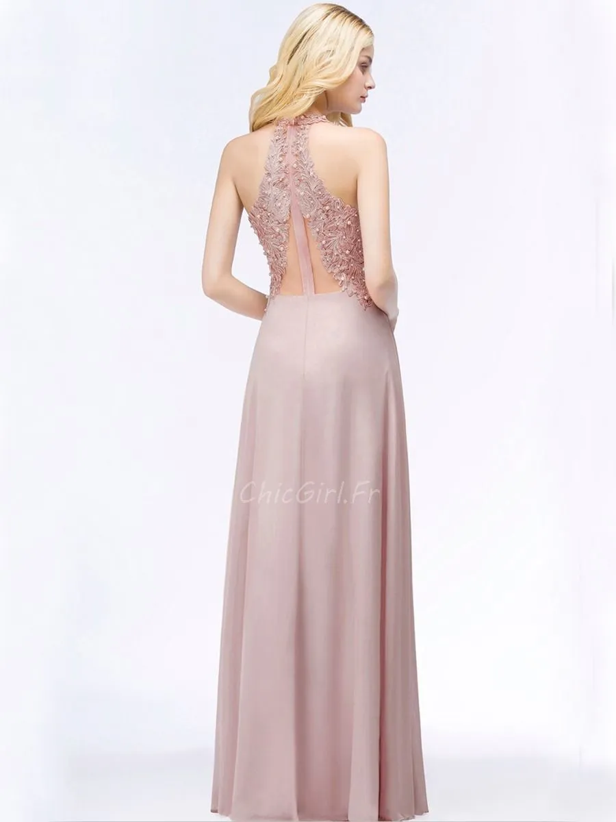 Robe De Soirée Bal De Finissants Longue Fluide Vieux Rose Mousseline Dentelle Perle