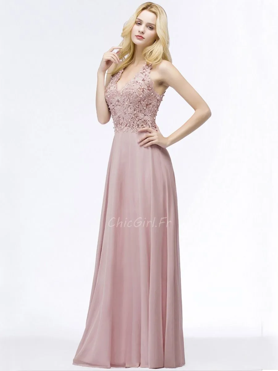 Robe De Soirée Bal De Finissants Longue Fluide Vieux Rose Mousseline Dentelle Perle