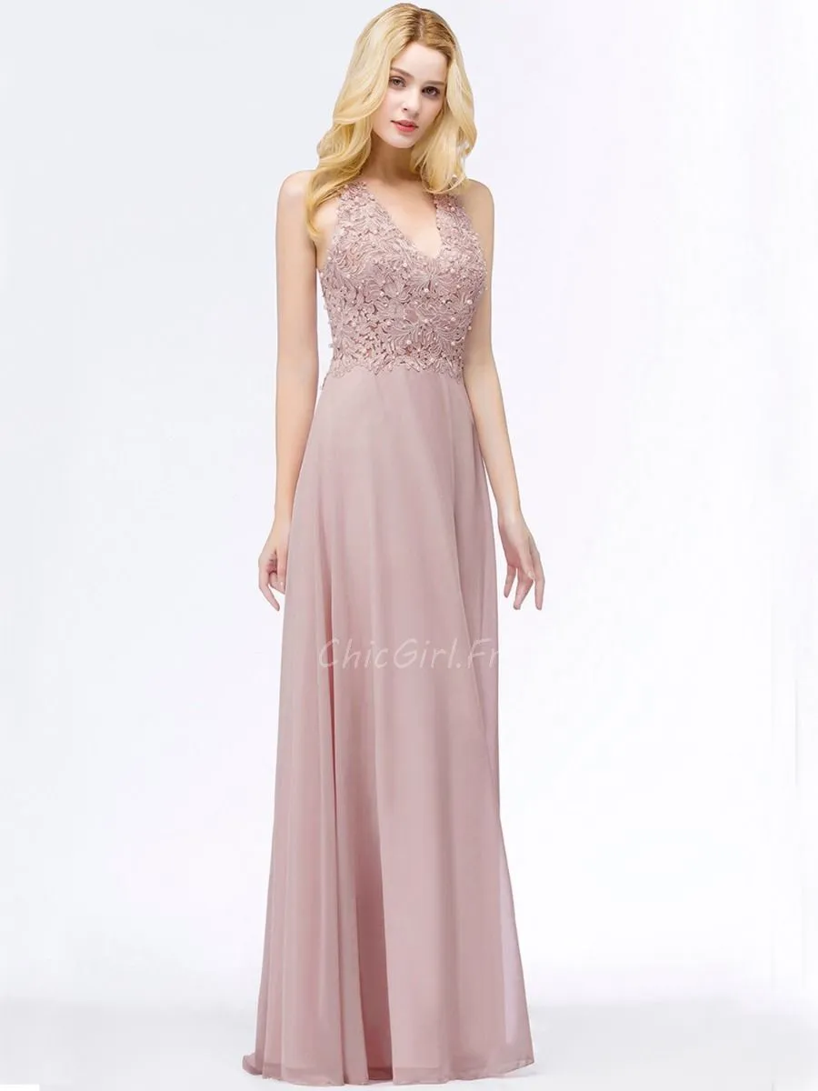 Robe De Soirée Bal De Finissants Longue Fluide Vieux Rose Mousseline Dentelle Perle