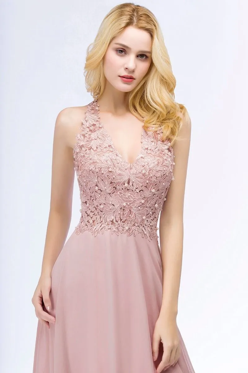 Robe De Soirée Bal De Finissants Longue Fluide Vieux Rose Mousseline Dentelle Perle