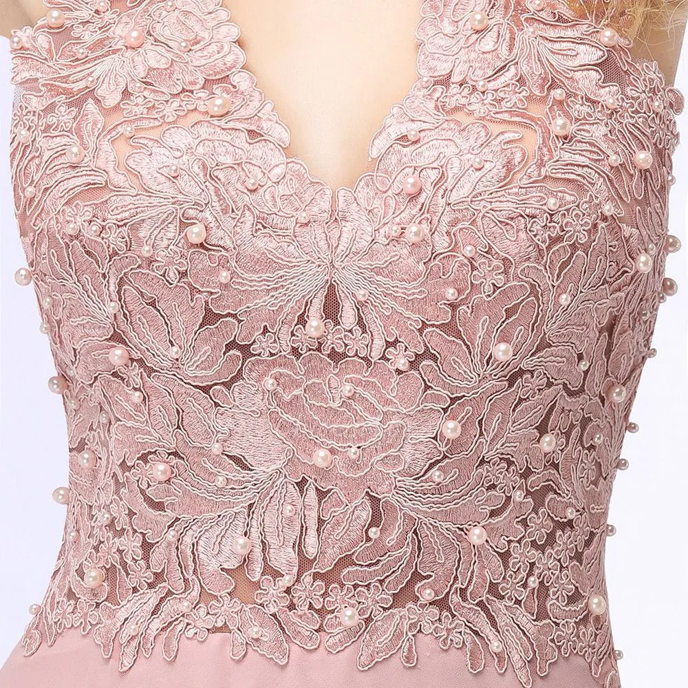 Robe De Soirée Bal De Finissants Longue Fluide Vieux Rose Mousseline Dentelle Perle