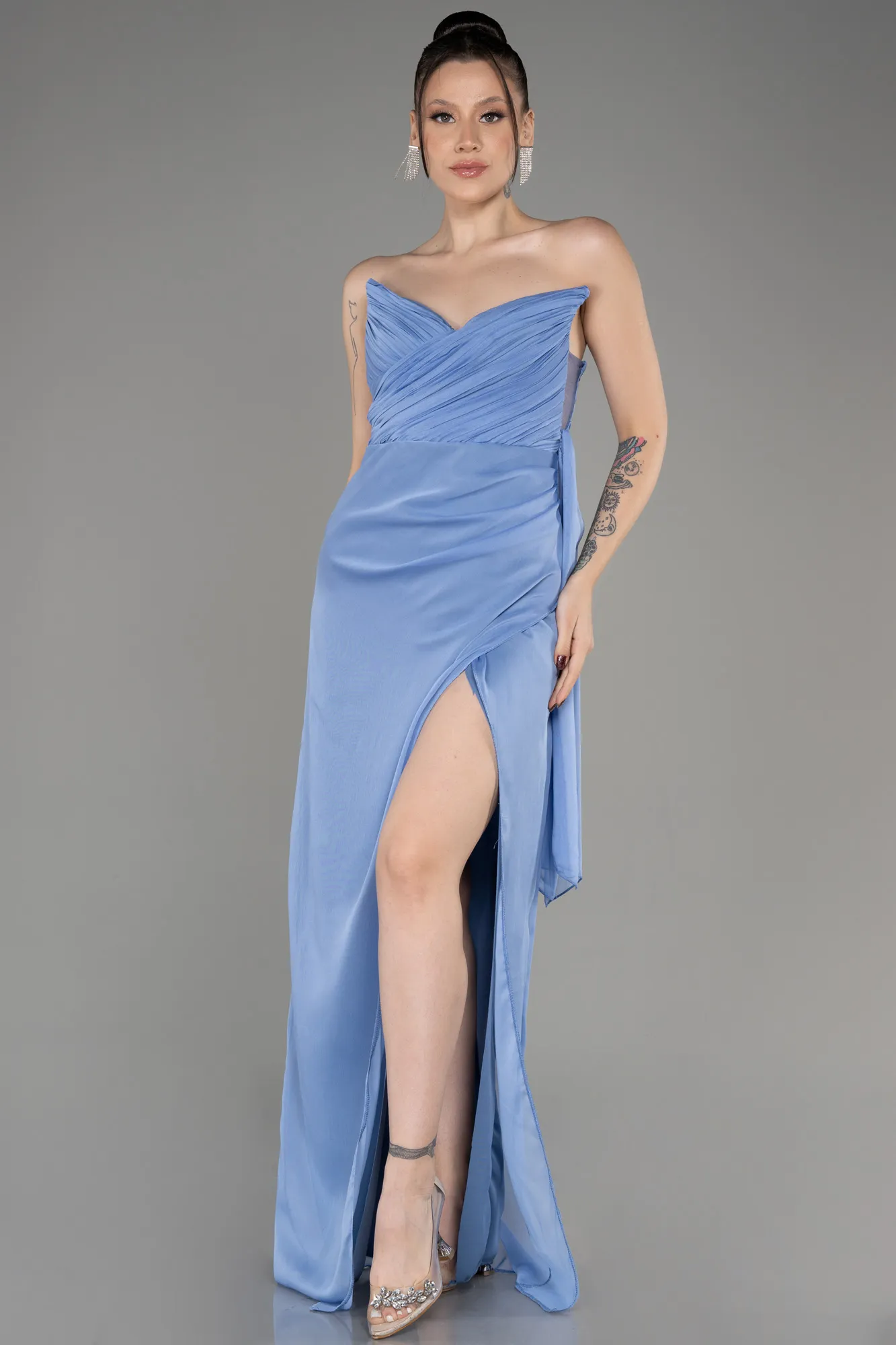 Robe de Soirée Longue Mousseline Bleu Marine ABU3947