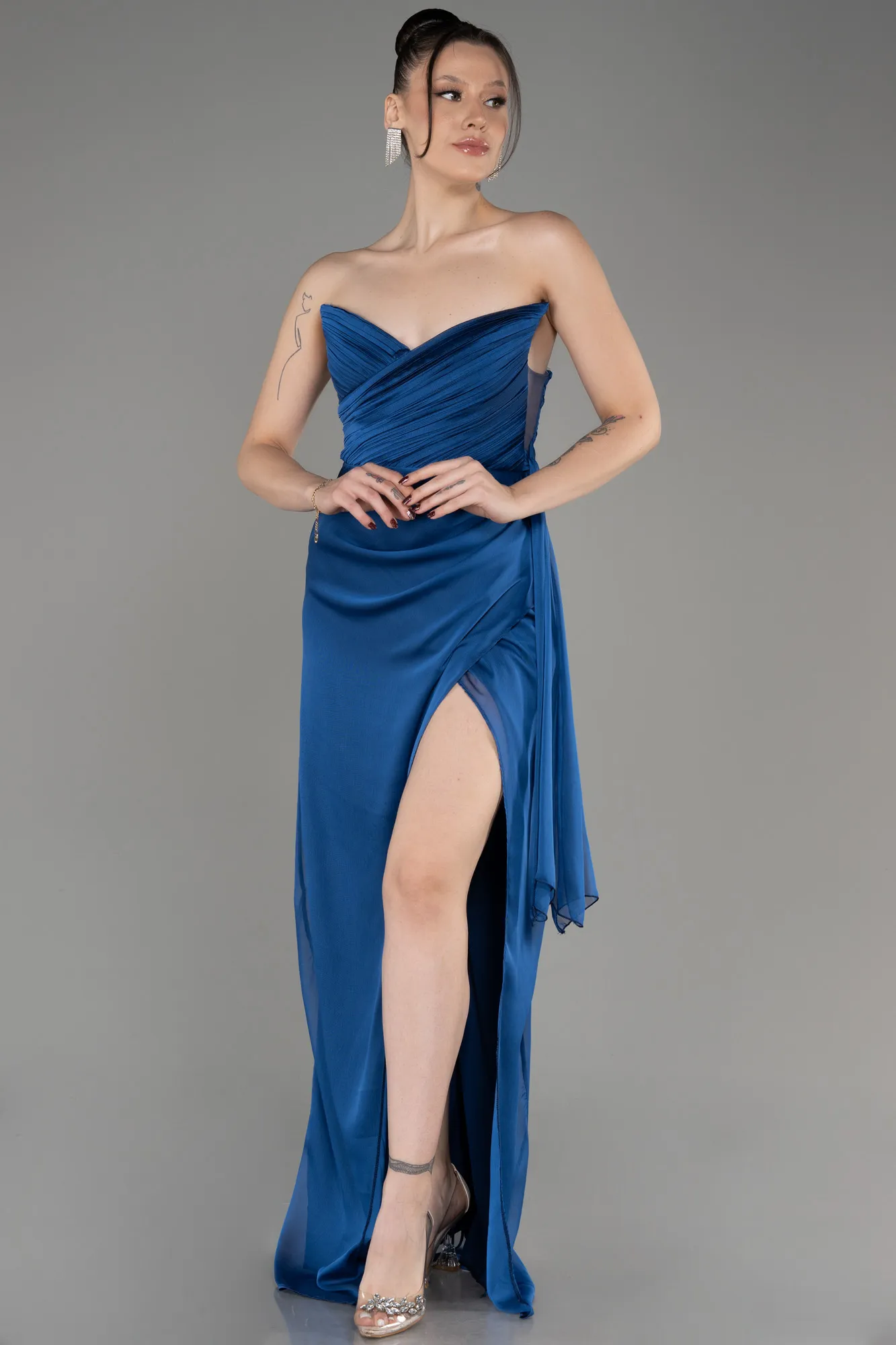 Robe de Soirée Longue Mousseline Bleu Marine ABU3947