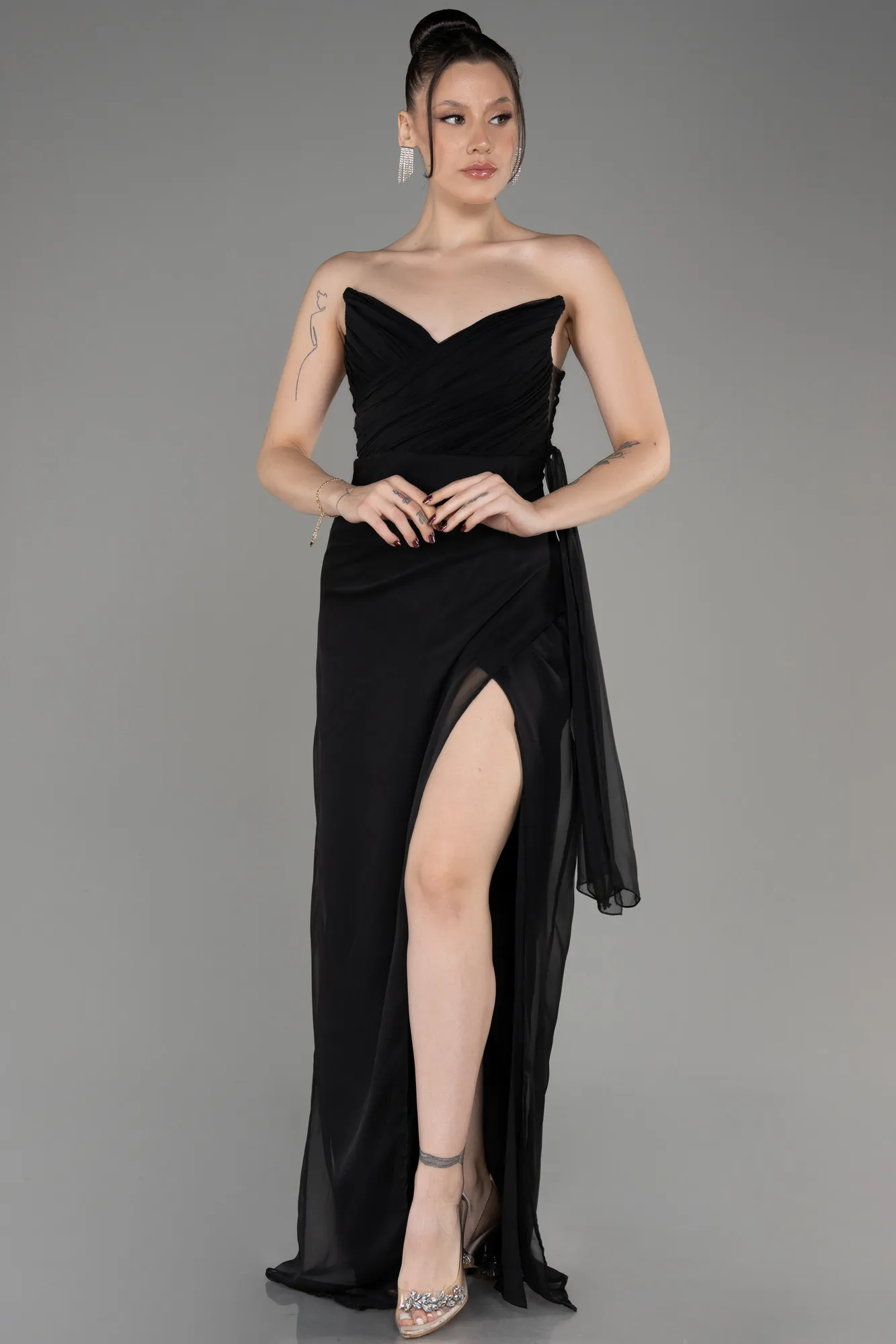 Robe de Soirée Longue Mousseline Noir ABU3947