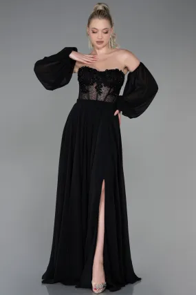 Robe de Soirée Longue Mousseline Noir ABU3999