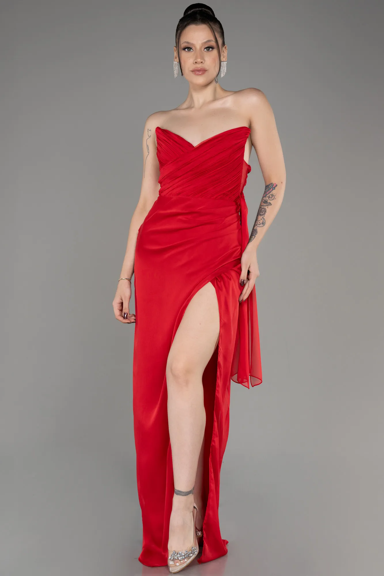 Robe de Soirée Longue Mousseline Rouge ABU3947