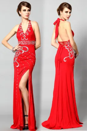 Robe de soirée longue ornée de bijoux sirène jersey rouge