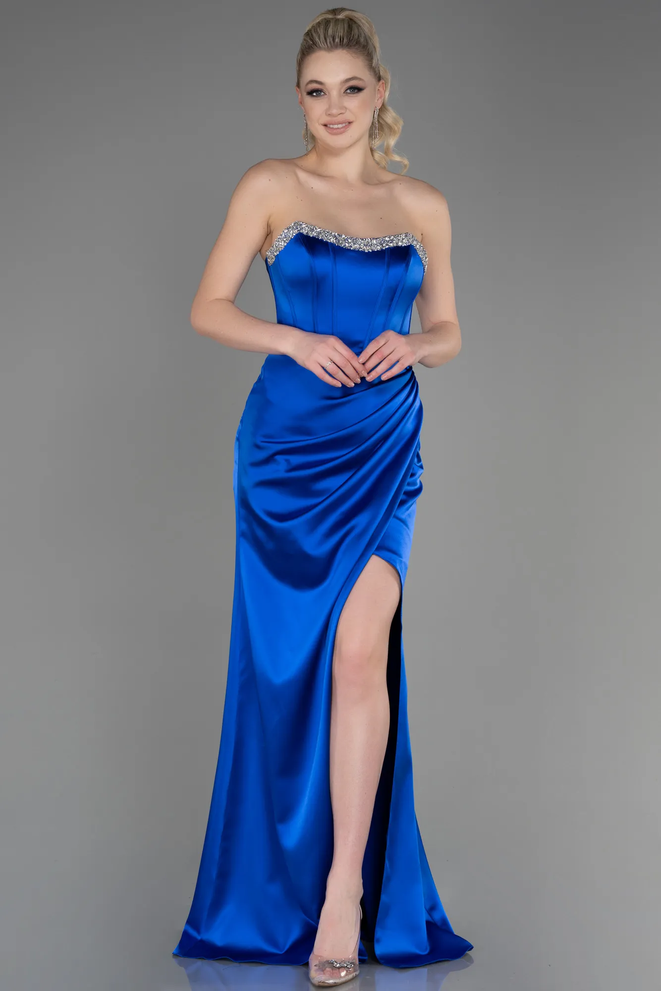 Robe de Soirée Longue Satin Bleu Saxe ABU3706